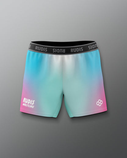 Gradient shorts with 'RUDIS' branding on a gray background