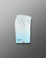 Gradient shorts transitioning from white to light blue on a gray background