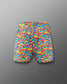 Colorful camouflage-patterned shorts on a gray background