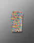 Colorful camouflage-patterned swim shorts on a gray background
