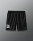 Black shorts with 'Fight the good fight' text on a gray background