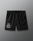 Black shorts with 'fear has no power' text on a gray background