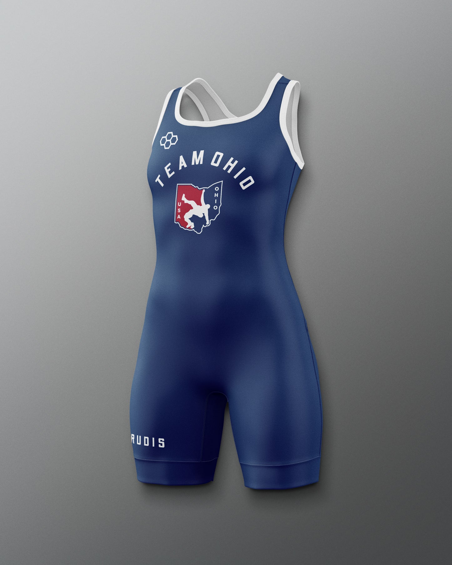 Front view of the RUDIS Team Ohio USA Women’s Elite 2.0 Wrestling Singlet in navy blue with white trim, featuring a Team Ohio USA Wrestling logo centered on the chest and RUDIS branding on the left leg.