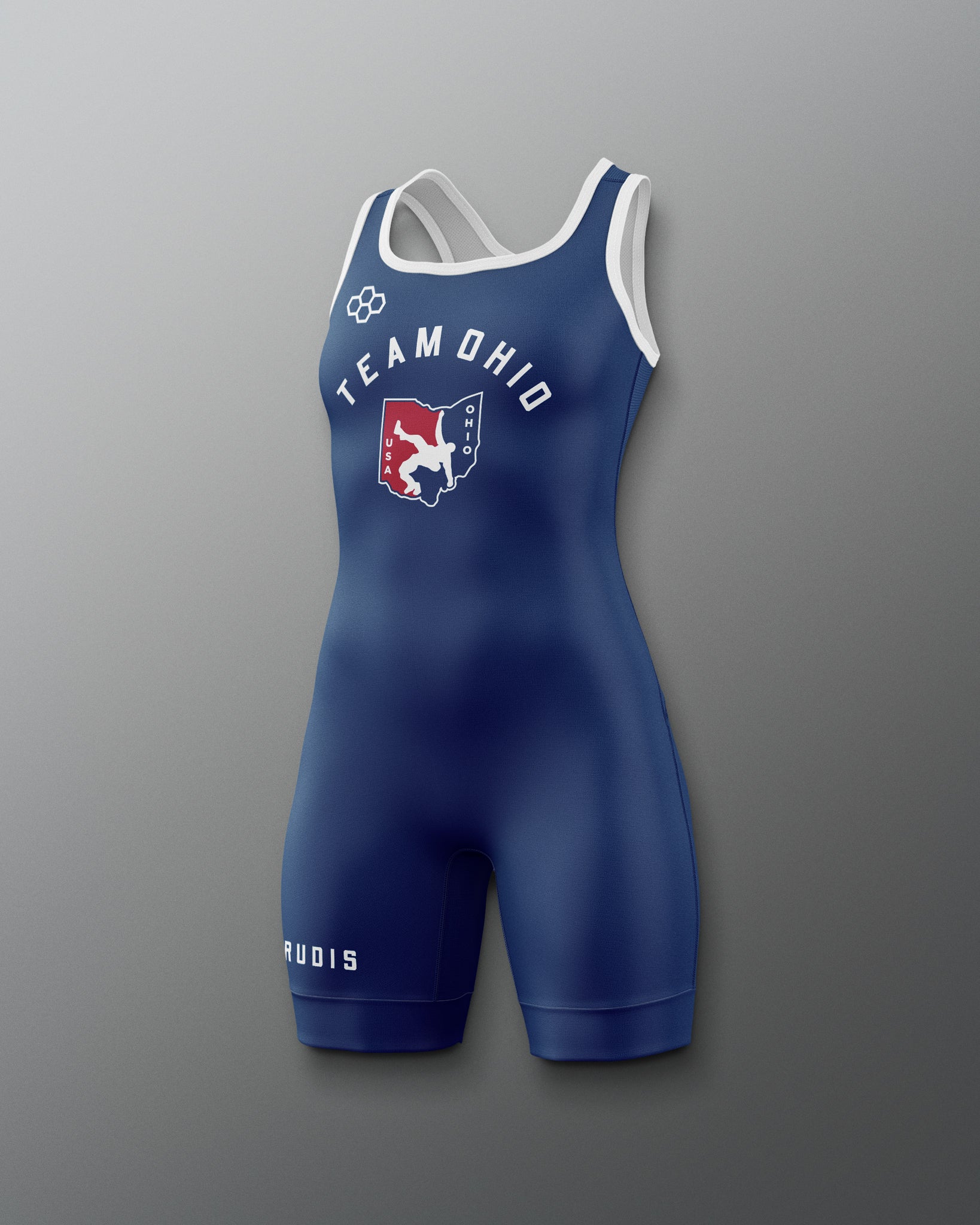 Front view of the RUDIS Team Ohio USA Women’s Elite 2.0 Wrestling Singlet in navy blue with white trim, featuring a Team Ohio USA Wrestling logo centered on the chest and RUDIS branding on the left leg.