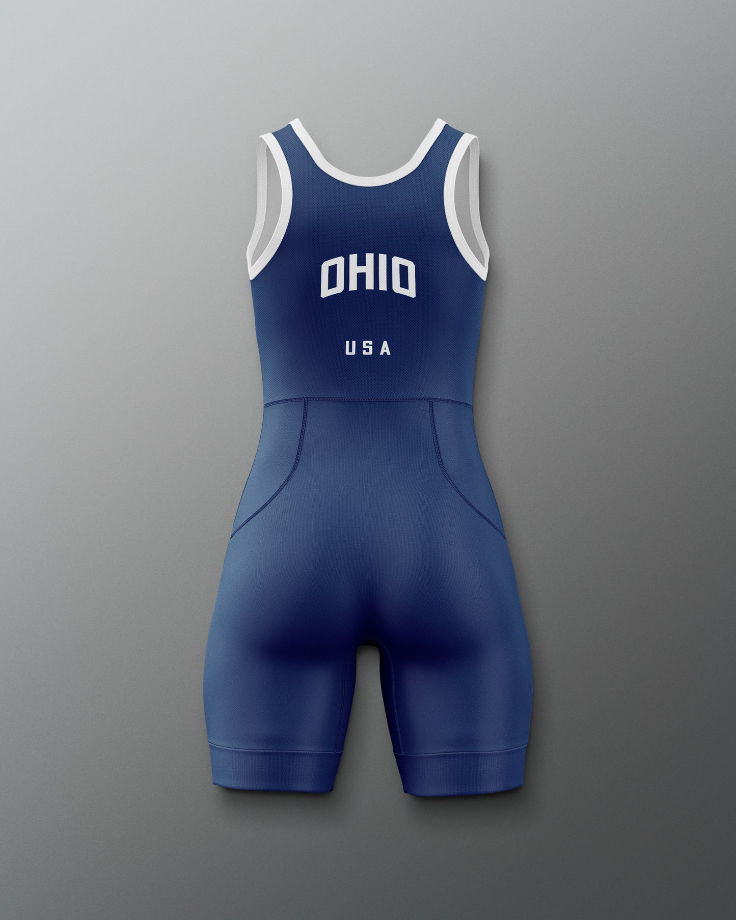Back view of the RUDIS Team Ohio USA Women’s Elite 2.0 Wrestling Singlet in navy blue with white trim, featuring a clean racerback design and solid navy finish with OHIO USA word marks.