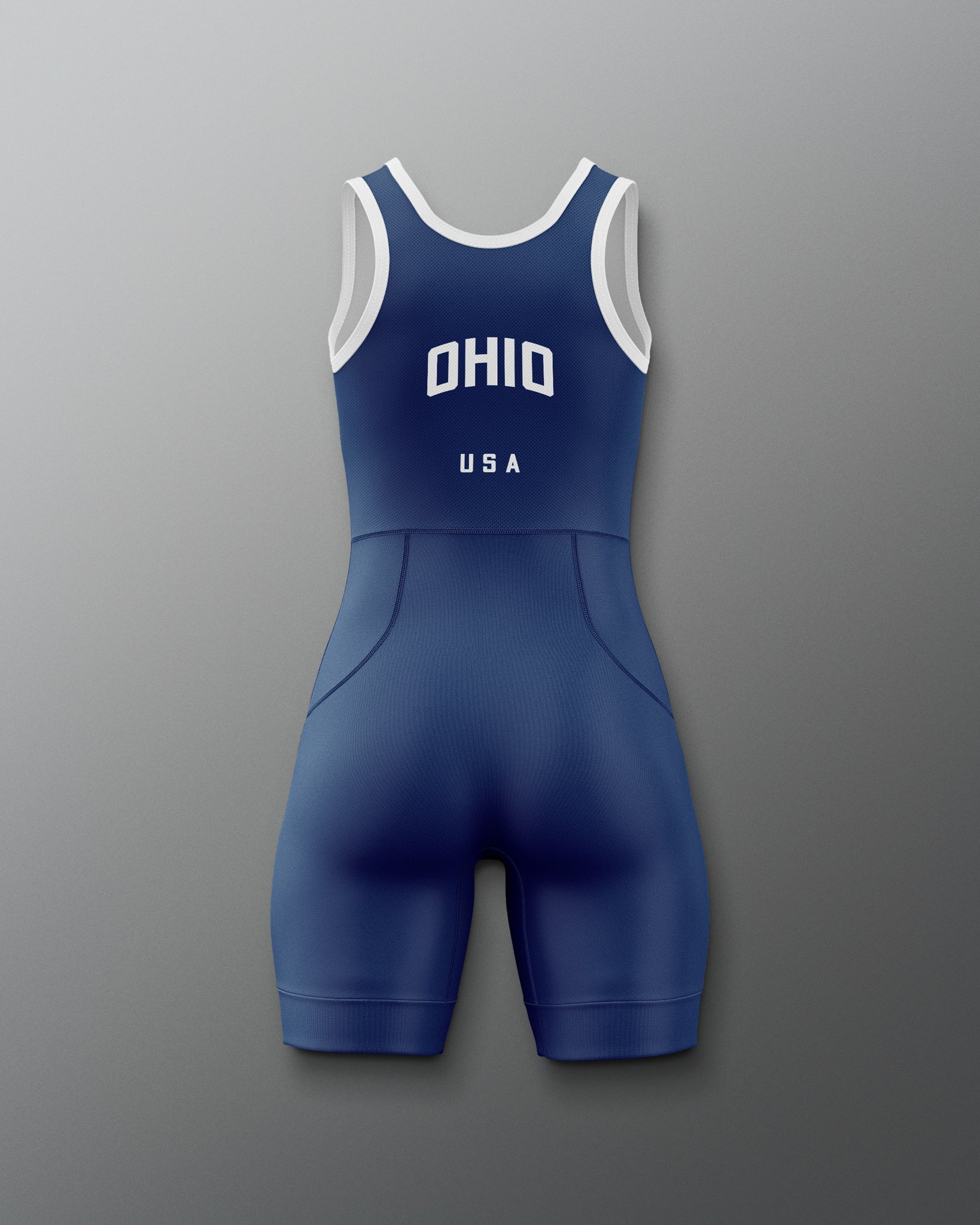Back view of the RUDIS Team Ohio USA Women’s Elite 2.0 Wrestling Singlet in navy blue with white trim, featuring a clean racerback design and solid navy finish with OHIO USA word marks.