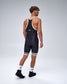 A man wearing a black athletic singlet with white trim, shown from the back in a studio setting.