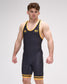 Man wearing a black wrestling singlet with yellow accents on a white background