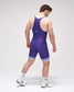 Person wearing a purple wrestling singlet on a white background