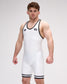 Man wearing a white wrestling singlet with black accents on a white background
