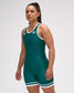 Green and White wrestling singlet on a gray background