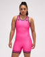 Person wearing a pink wrestling singlet on a white background