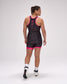 Person wearing a black and pink wrestling singlet on a white background