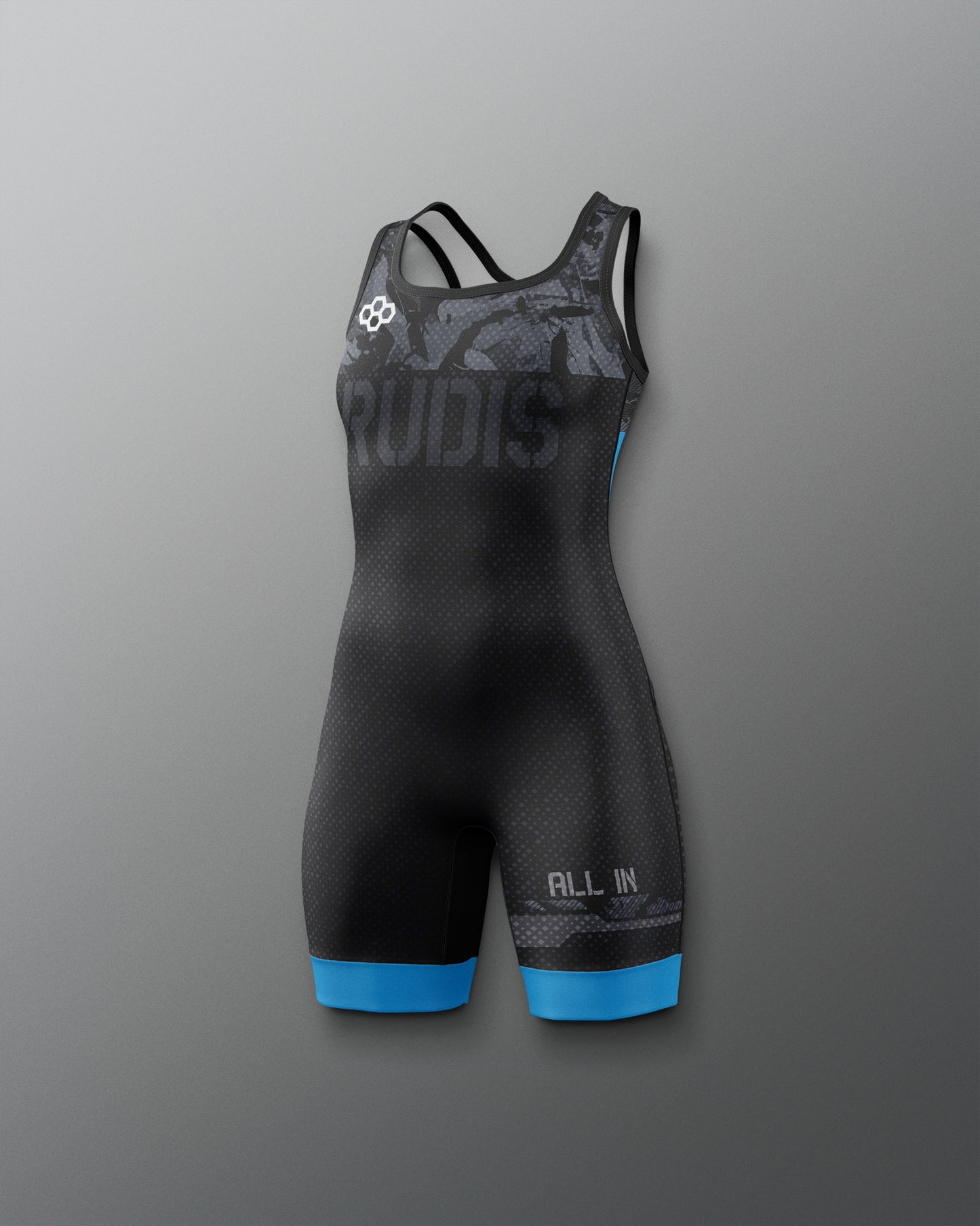 Black and gray wrestling freestyle singlet with blue accents on a gray background