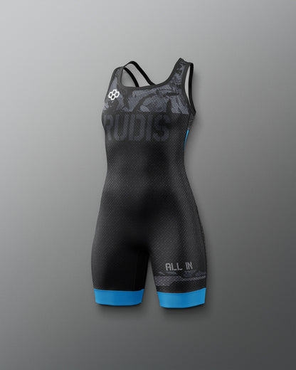 Black and gray wrestling freestyle singlet with blue accents on a gray background