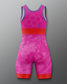 Back view of the RUDIS Strive Women’s Elite 2.0 Wrestling Singlet in pink with purple trim, showcasing a clean racerback design with pink and red leg detailing and a subtle dotted texture pattern.