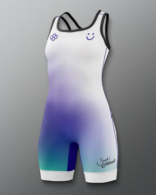 Gradient swimsuit with a smiley face design on a gray background