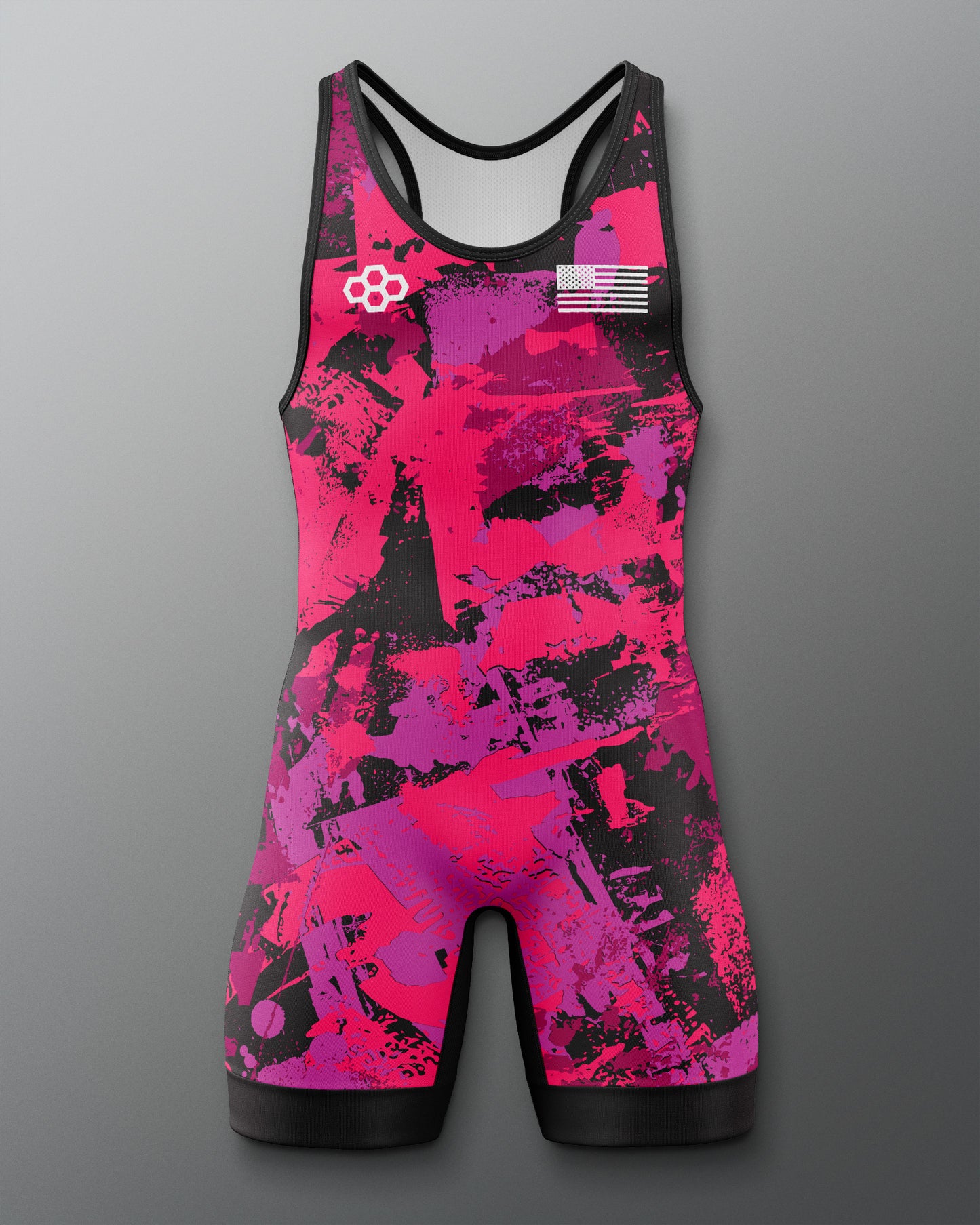 Pink and black athletic singlet on a gray background