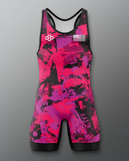 Pink and black athletic singlet on a gray background