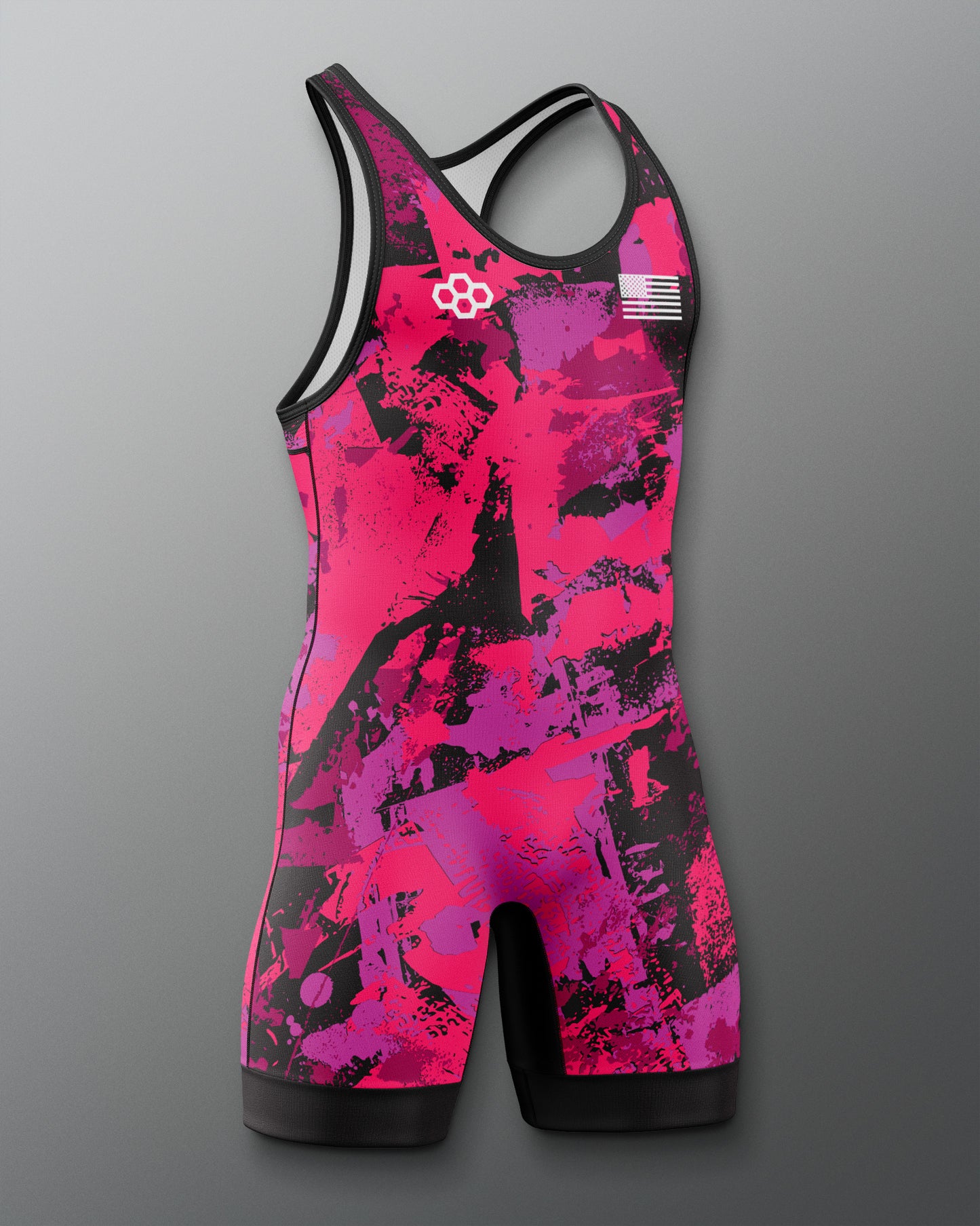 Pink and black athletic suit on a gray background