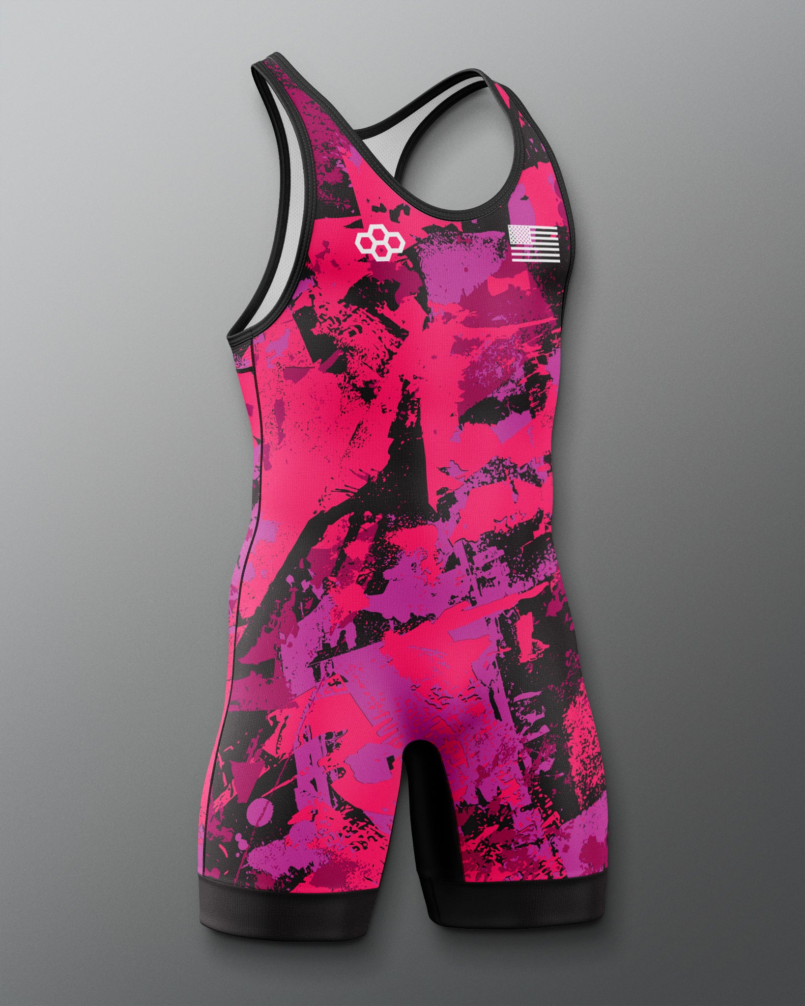 Pink and black athletic suit on a gray background
