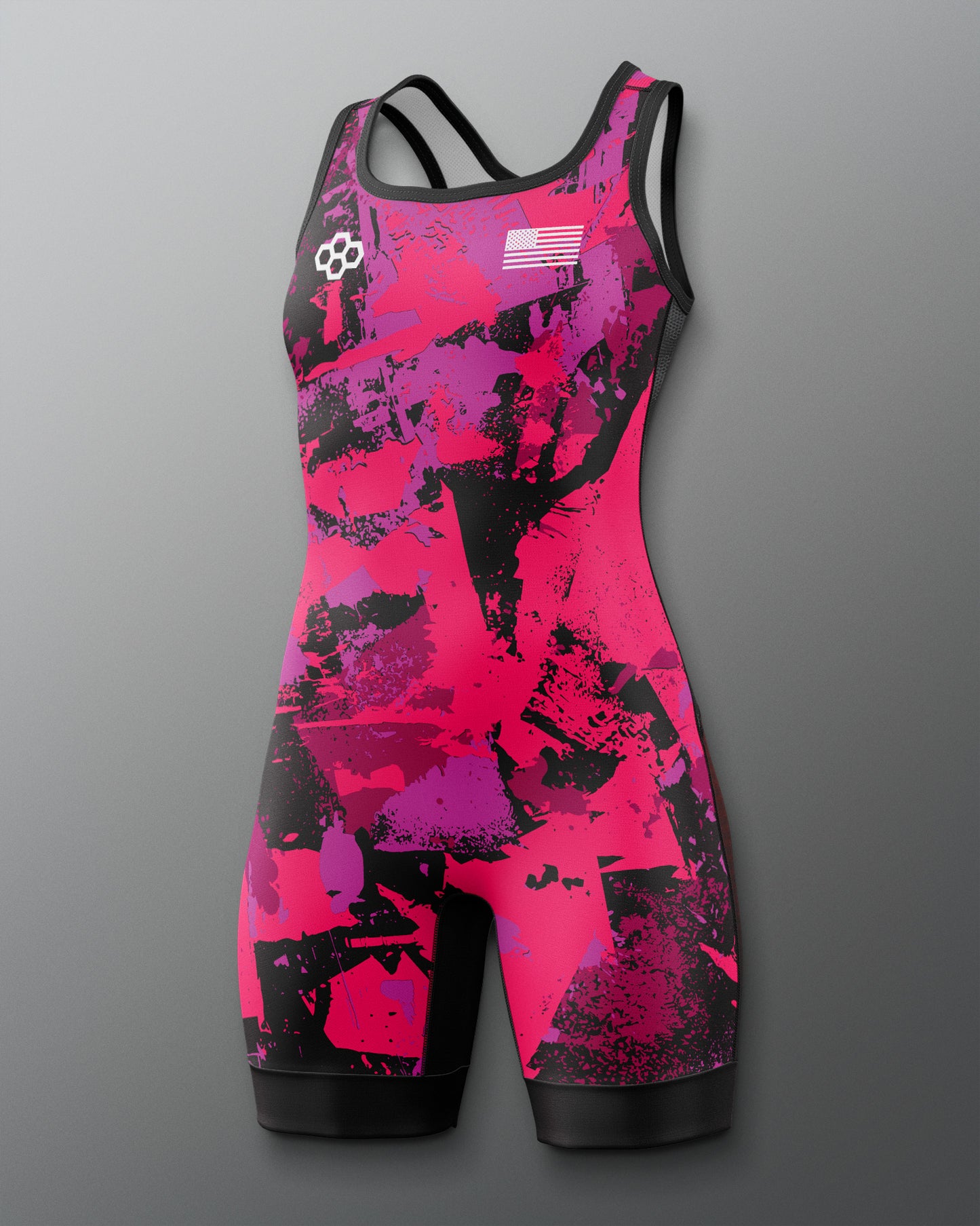 Pink and black athletic suit on a gray background