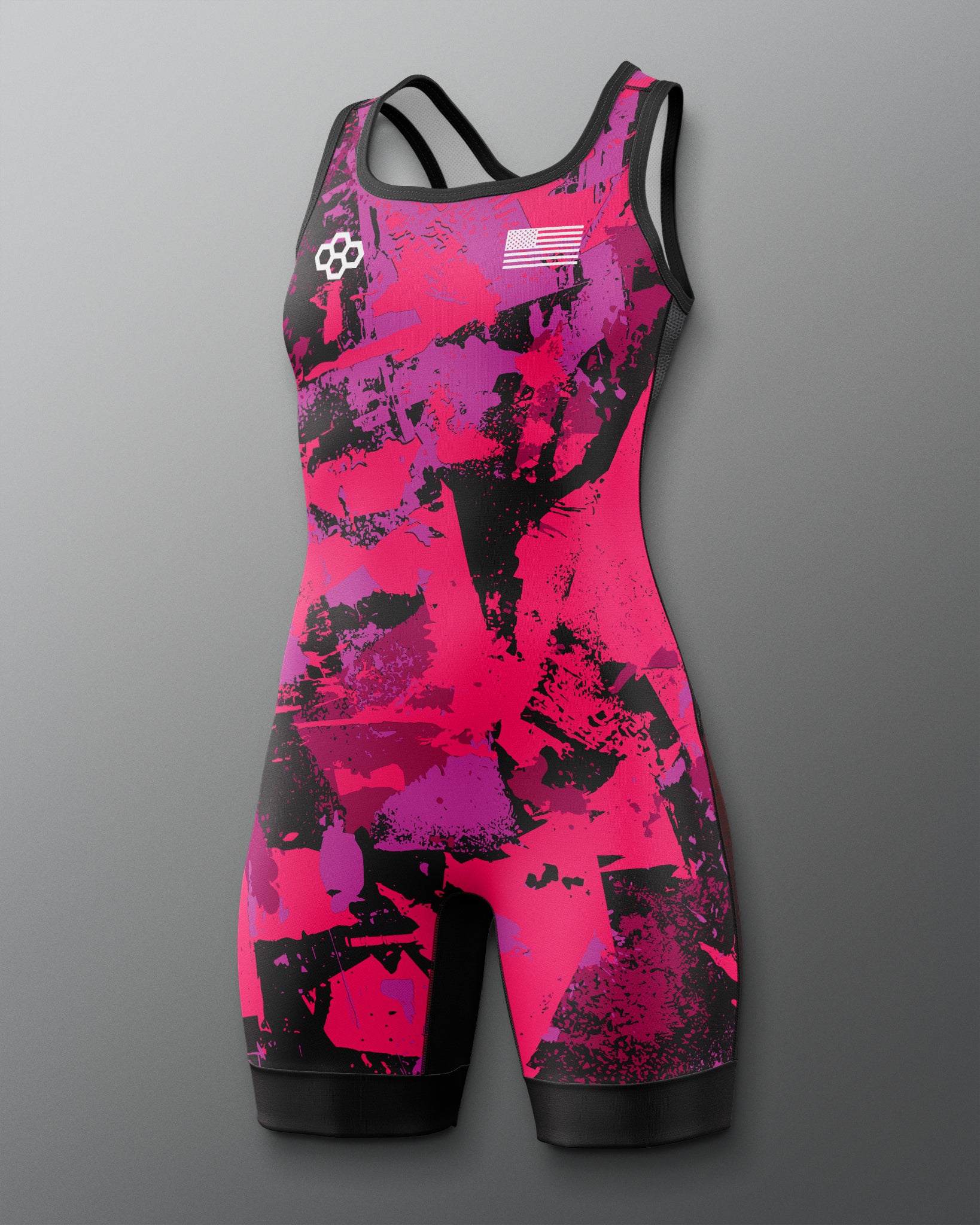 Pink and black athletic suit on a gray background