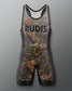 Camouflage wrestling singlet with 'RUDIS' branding on a gray background