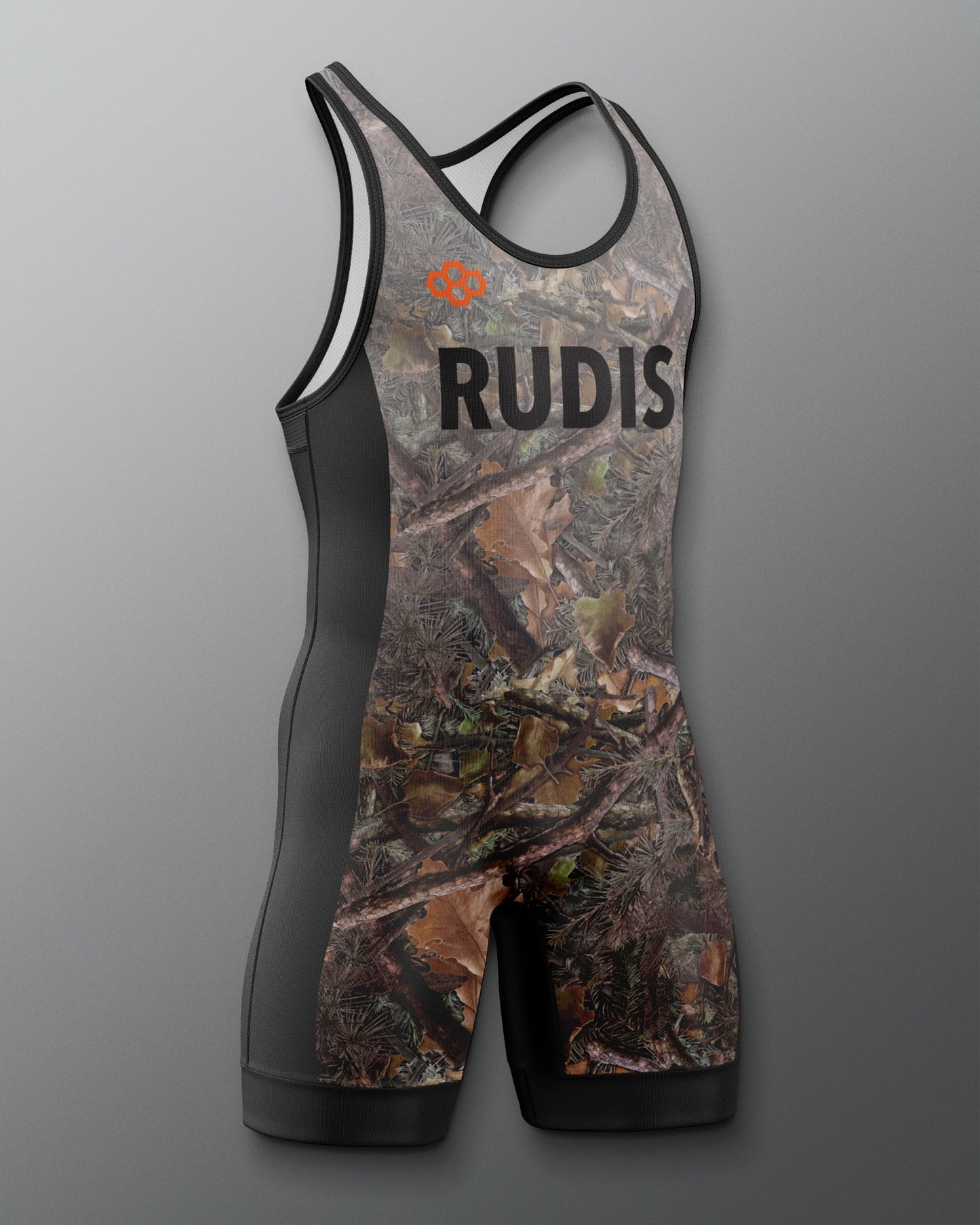 Camouflage wrestling singlet with 'RUDIS' branding on a gray background