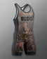 Camouflage wrestling singlet with 'RUDIS' branding on a gray background