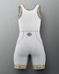 White athletic suit with colorful accents on a gray background