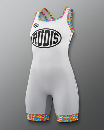 White athletic suit with colorful accents and 'RUDIS' branding on a gray background