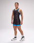 Person wearing a black and blue wrestling singlet on a white background
