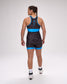 Person wearing a black and blue wrestling singlet on a white background