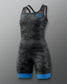 Camouflage wrestling singlet with blue accents on a gray background