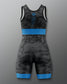 Black camouflage wrestling singlet with blue accents on a gray background