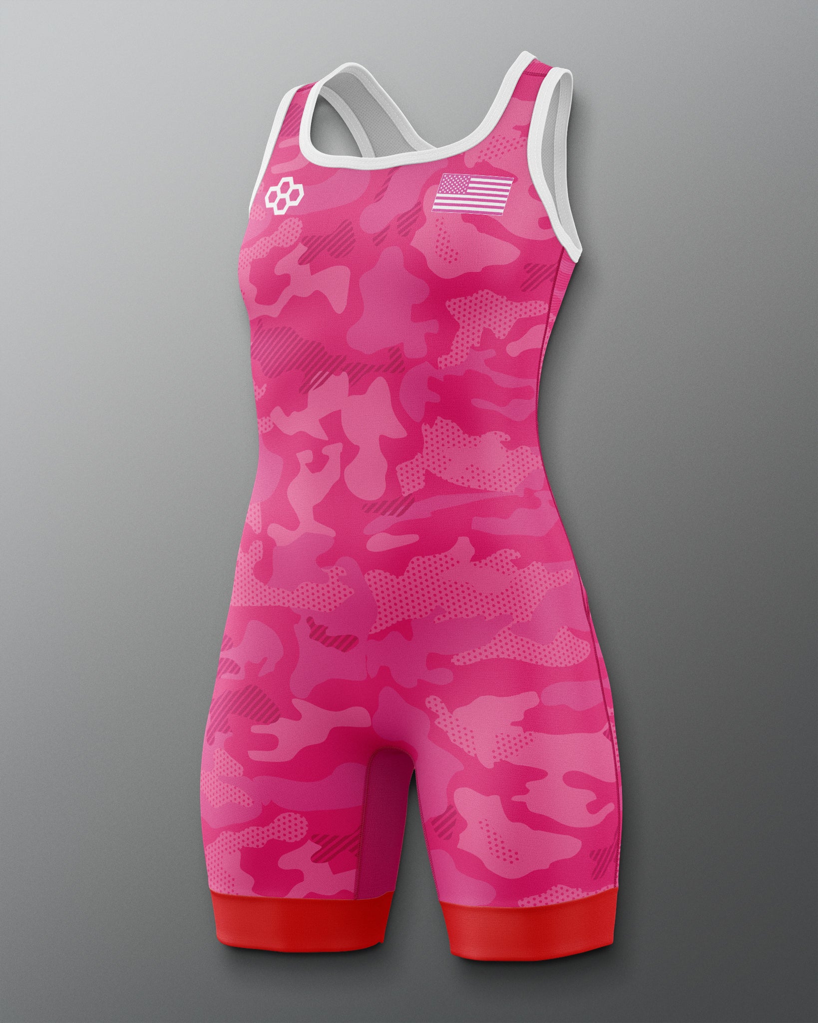 Pink camouflage wrestling singlet on a gray background