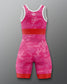 Pink and red wrestling singlet with a logo on a gray background