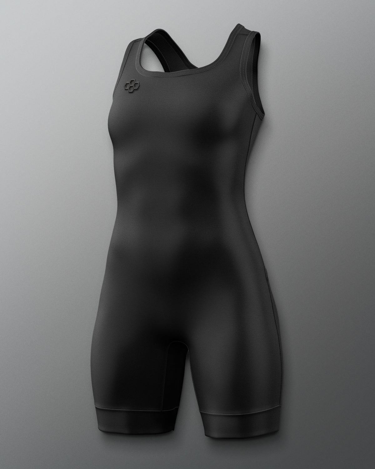 A black athletic one-piece wrestling singlet with a racerback design and a small circular logo on the left chest, displayed against a neutral gray background.