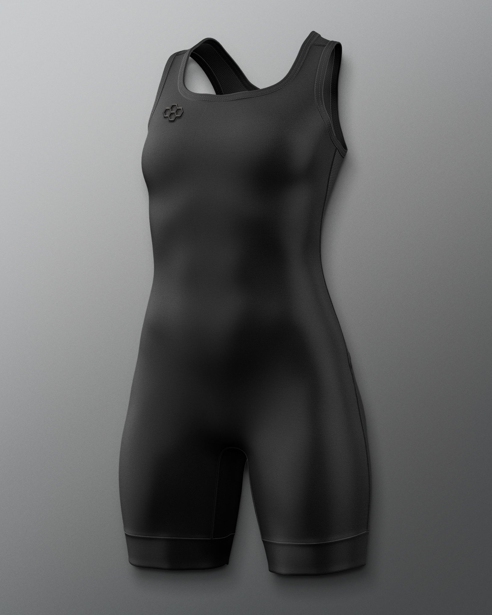 A black athletic one-piece wrestling singlet with a racerback design and a small circular logo on the left chest, displayed against a neutral gray background.