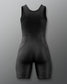 A black sleeveless athletic wrestling singlet or one-piece jumpsuit with integrated shorts, shown from the back on a neutral gray background.
