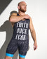 Close-up of the RUDIS Faith Over Fear Freestyle Elite 2.0 Wrestling Singlet in blue, highlighting the bold gothic "Faith Over Fear" front graphic and lightweight performance fabric.