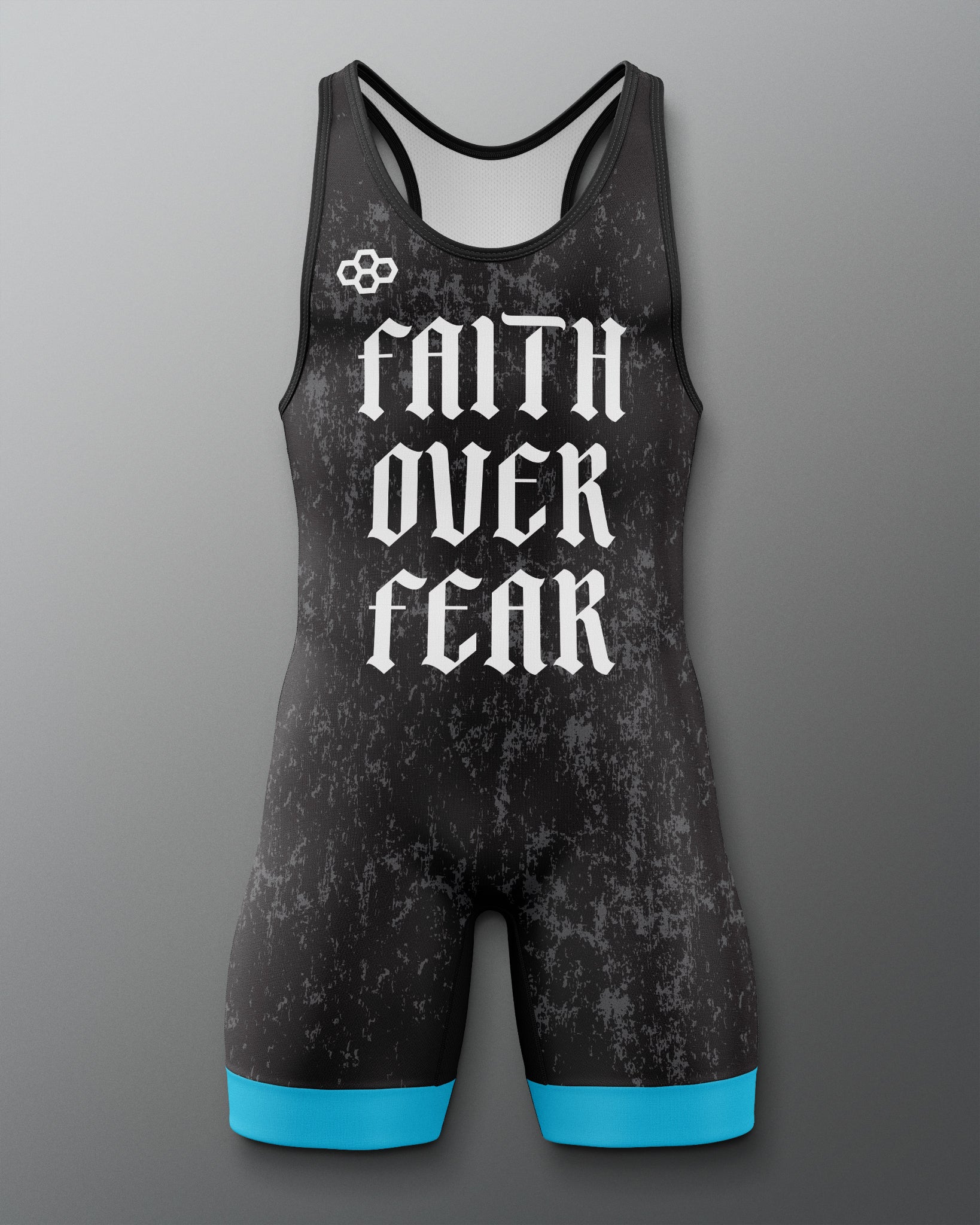 Black and blue wrestling singlet with 'Faith Over Fear' text on a gray background