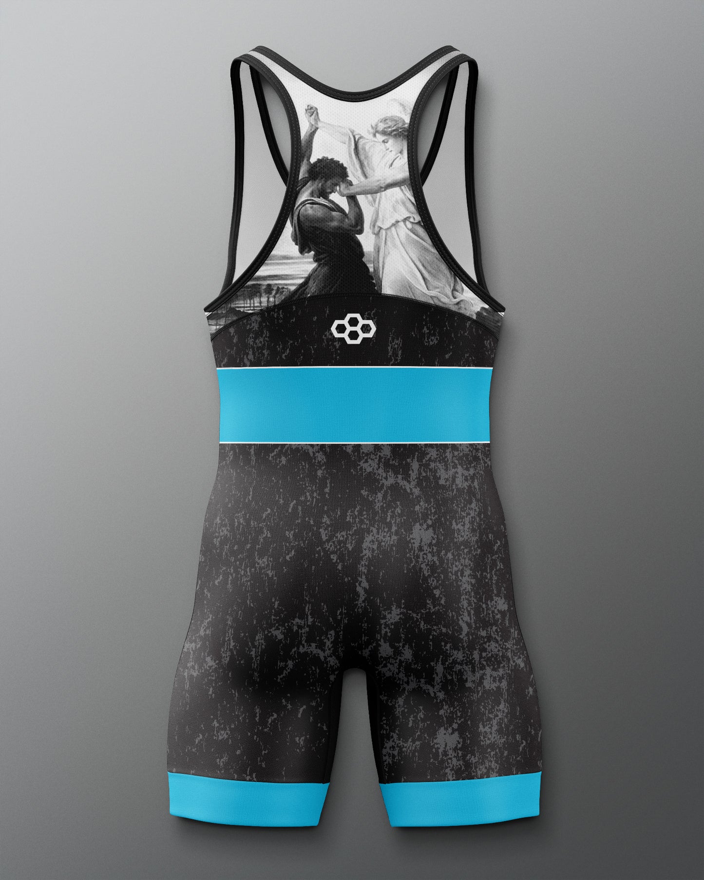 Black and blue wrestling singlet with graphic design on a gray background