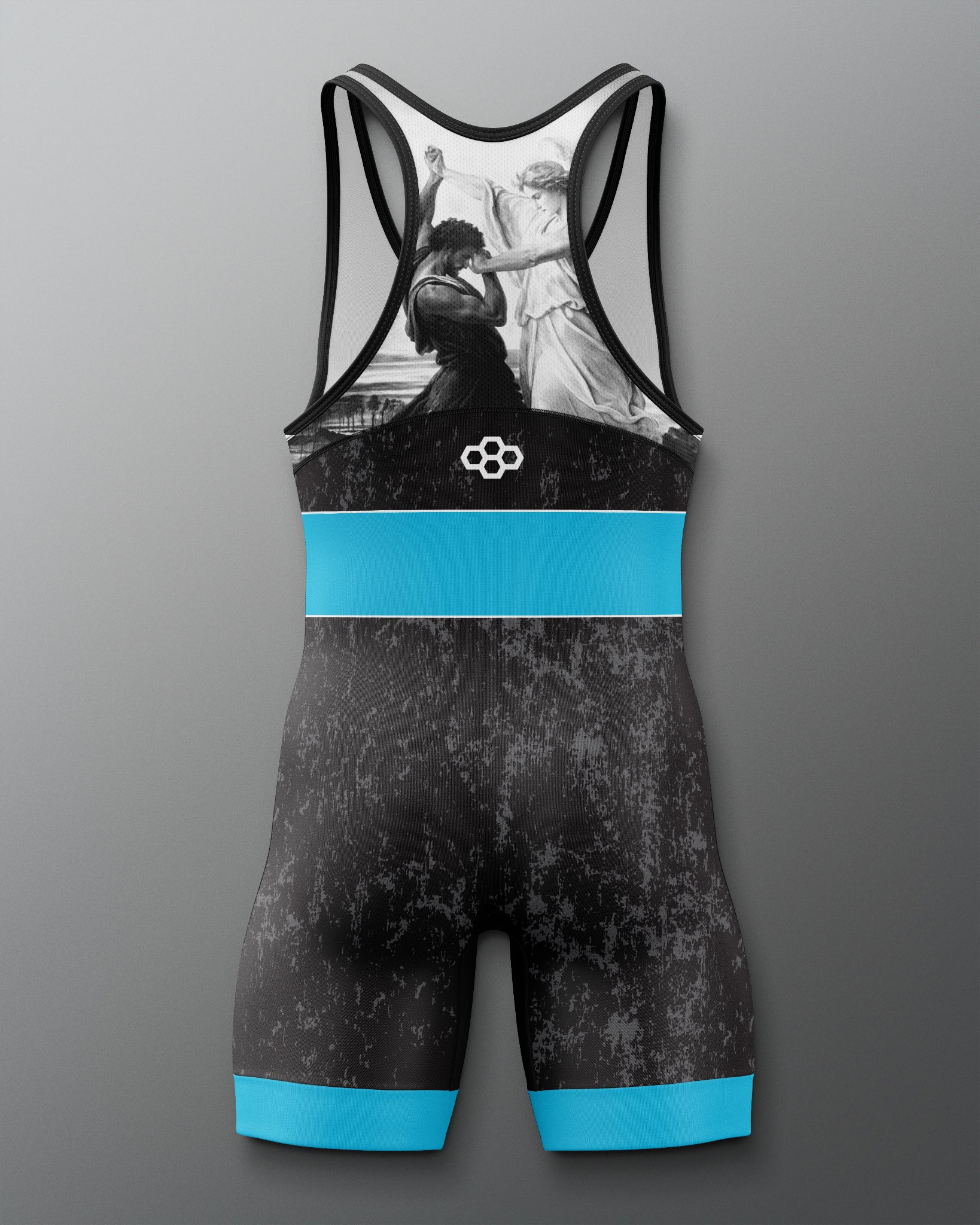 Black and blue wrestling singlet with graphic design on a gray background