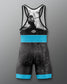 Black and blue wrestling singlet with graphic design on a gray background