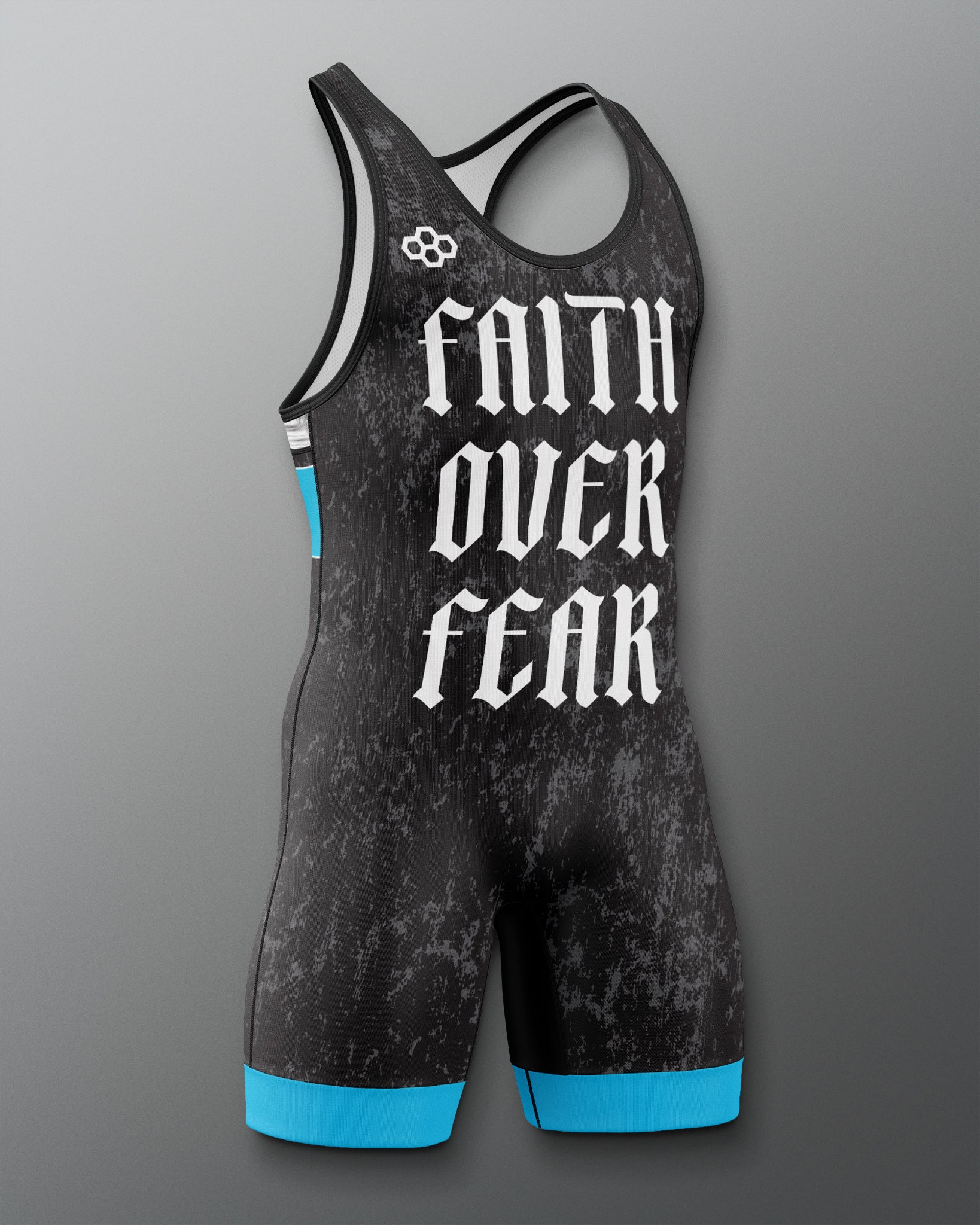 Black and blue wrestling singlet with 'Faith Over Fear' text on a gray background