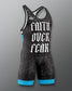 Black and blue wrestling singlet with 'Faith Over Fear' text on a gray background