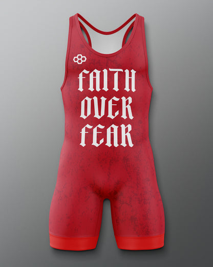 Red wrestling singlet with 'FAITH OVER FEAR' text on a gray background