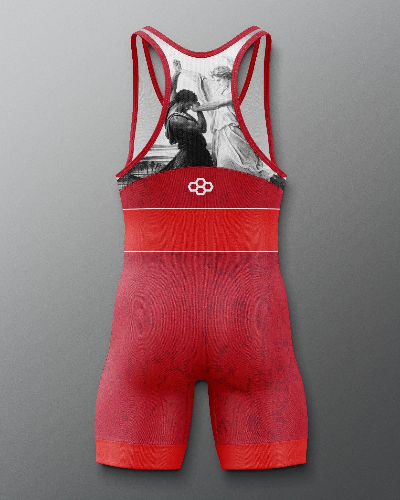 Red wrestling singlet with black and white graphic on a gray background